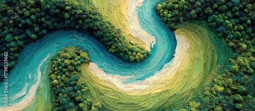 Abstract landscape painting of a winding river flowing through a dense forest.  Atop a textured surface,  vibrant colors depict a meandering waterway surrounded by lush greenery