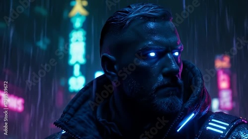 Cyberpunk man with glowing eyes in a futuristic urban setting with rainy neon lights