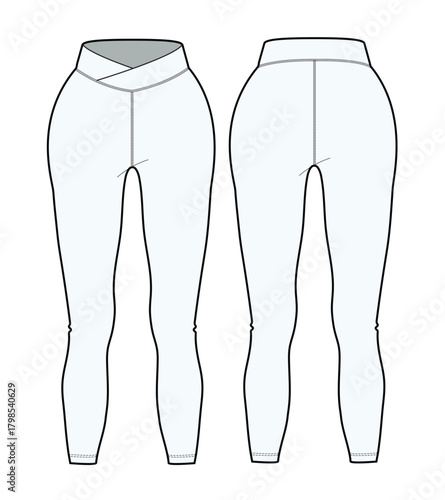 Athleisure leggings front and back view design technical flat sketch vector mockup template.