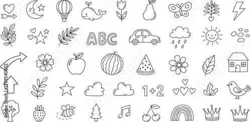 A diverse set of hand-drawn black wind doodle icons, illustrating various airflows, breezy gusts, and windy weather swirl effects