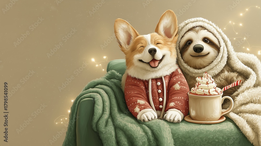Obraz premium A smiling corgi and relaxed sloth sit wrapped in blankets with a cup of whipped cocoa beside them. The warm composition represents friendship, comfort, and cozy holiday atmosphere