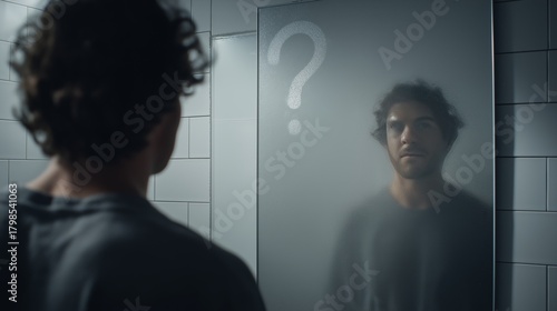 A man with curly hair looks at a fogged bathroom mirror where a question mark is drawn. The scene expresses doubt, self-reflection, and identity crisis through visual metaphor