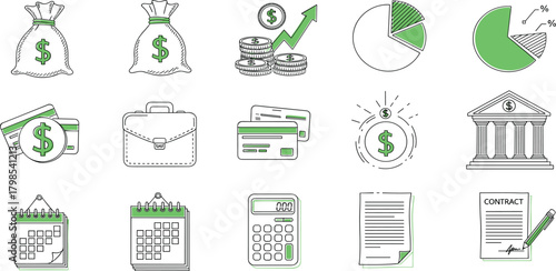 Finance and Investment Icons Money, Chart, Bank, and Contract Symbols