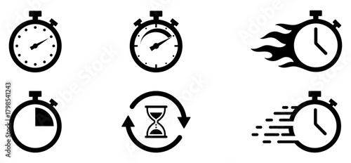 Stopwatch and timer set showing speed, countdown, hourglass, motion, and time concepts. Symbols for clock, fast action, delay and schedule themes. Includes simple time, speed, clock, fast, countdown.