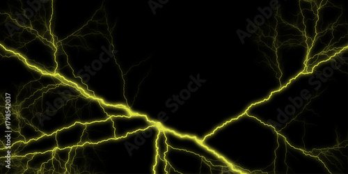 Lightning Effects on yellow Screen for Digital Design. Elegant black marble texture with yellow veining, timeless sophistication. lightning bolt on black background. Black marble texture for bg. 