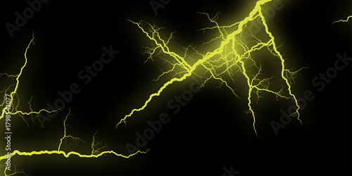  Electric lightning arcs on black background displaying powerful energy. Intricate lightning bolt frame, sharp edges, glowing electric blue on black, background, dark. 