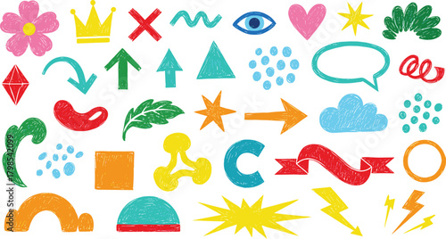 Diverse collection of hand-drawn graphic elements and symbols representing various concepts including emotions, nature, and abstract shapes