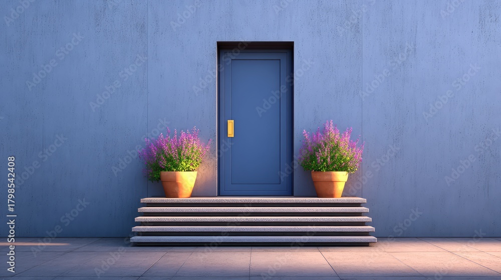 Fototapeta premium Bright and Welcoming Blue Door with Flower Pots on Stairs in Modern Architecture Setting