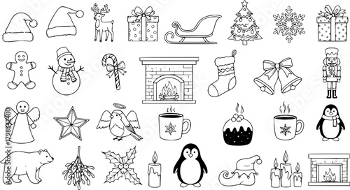 Detailed Christmas Holiday Line Art Icons Collection: Festive Winter Symbols, Animals, Decor, and Treats Outline Vector Set
