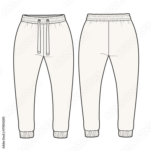 Girls joggers front and back view flat sketch vector mockup template technical illustration.