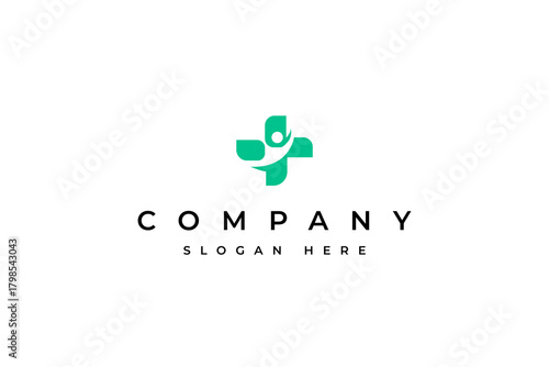 healthy person logo with medical cross icon symbol in flat vector design style