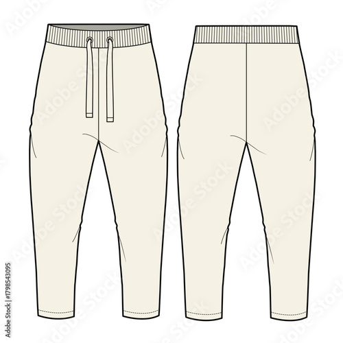 Boys sweatpants front and back view design technical flat sketch vector mockup template.