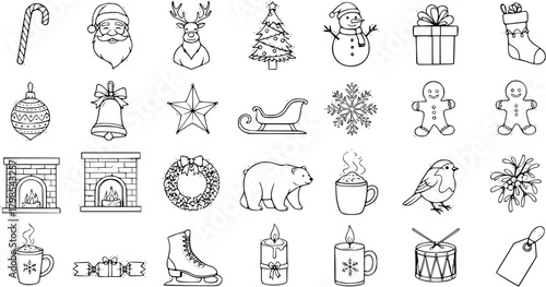 Hand-drawn Christmas and Winter Holiday Doodles Vector Icon Collection. Festive Seasonal Elements for Design, Greeting Cards, and Decorations.