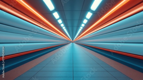 Wallpaper Mural Cyberpunk video backdrop, A futuristic tunnel with vibrant blue and orange lights creates a dynamic sense of movement and depth, leading the viewer's eye into the distance. Torontodigital.ca