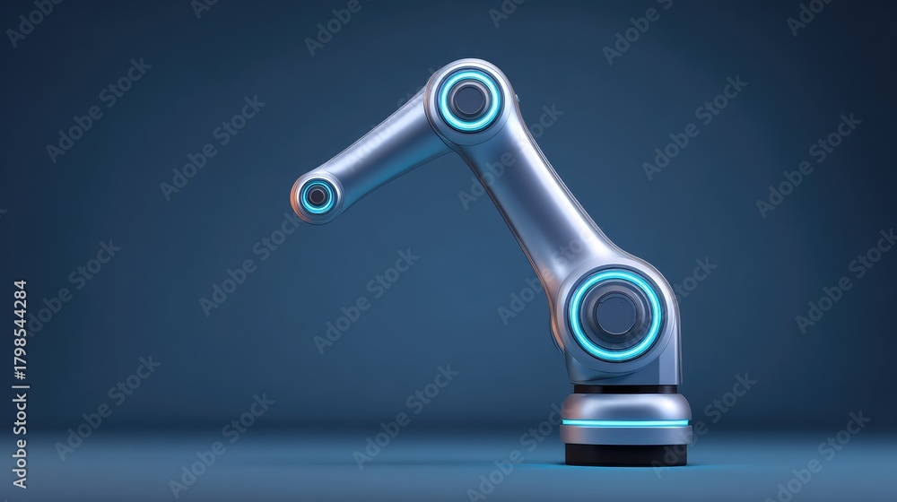 Obraz premium Futuristic robotic arm with glowing accents against a dark blue background, showcasing advanced technology and precision engineering for innovative industrial applications.