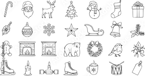 Detailed Christmas Holiday Doodles Collection Line Art Set. Includes Santa, Reindeer, Snowman, Tree, Gift, Ornaments, Candy Cane, Fireplace, Wreath, Sleigh, and More Seasonal Elements.