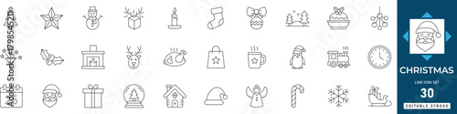 Christmas icon set featuring holiday, winter, santa, gift, snow, tree, bell, and celebration symbols. Editable line vector illustration for festive, seasonal, and decoration design.