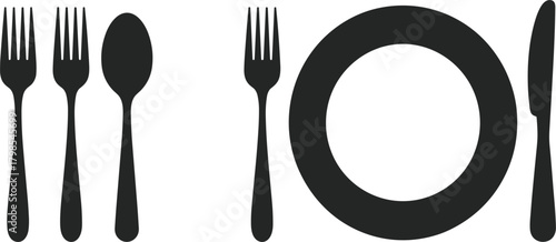 Vector Table Setting Silhouette, Fork, Spoon, Knife, and Plate, Restaurant Cutlery Dining Service Icon