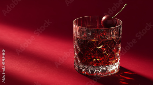 Elegant crystal glass filled with dark whiskey and garnished with a cherry on a rich red background in moody lighting.