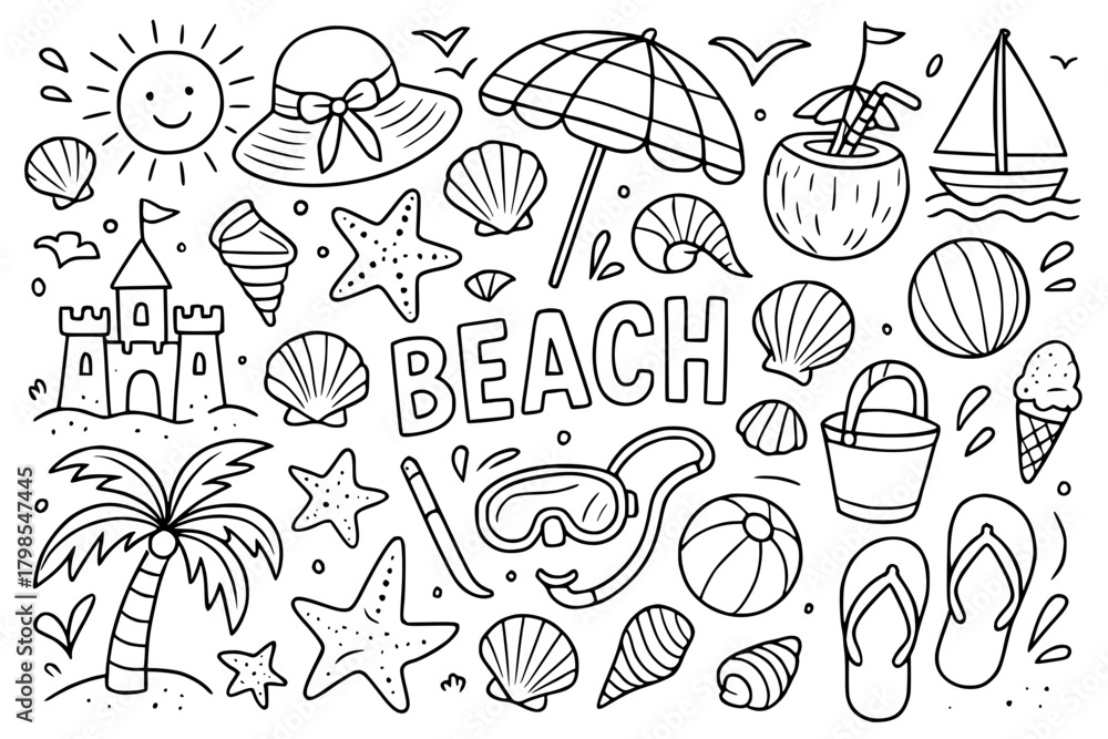 Fototapeta premium Doodle art for coloring, beach theme