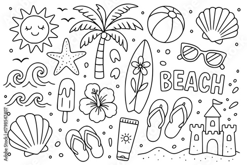 Doodle art for coloring, beach / summer theme