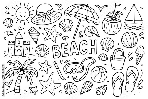Doodle art for coloring, beach theme