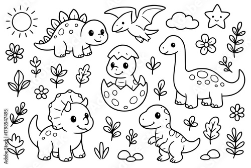 Doodle art for coloring, dinosaur theme