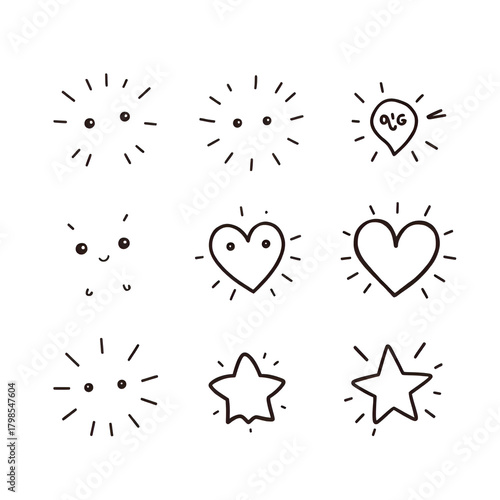 Set of cute line doodle comic design elements. Movement and motion expression, magic and light effect, heart, star shape sketch. Childish handwriting scribbles. Japanese style drawing
