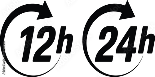 Vector 12h and 24h Time Format Icon Set, Clock Display, Military Time, and Time Zone Conversion Symbol