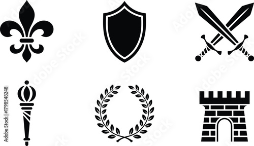 Monochrome Vector Icon Set Featuring Classic Heraldic and Royal Symbols: Fleur-de-lis, Shield, Crossed Swords, Scepter, Laurel Wreath, and Castle Tower, Representing Power, Protection, and Historical 