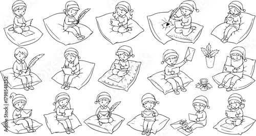 Collection of cute cartoon children in Santa hats, sitting comfortably on pillows, engaged in writing and reading Christmas letters and wishes. Black and white outline illustration set.