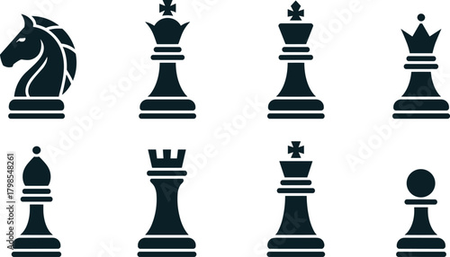 Monochrome Vector Icon Set Featuring all Six Classical Chess Pieces: Knight, Queen, King, Rook, Bishop, and Pawn, Symbolizing Strategy, Mental Challenge, and Complex Business Tactics in a Bold Silhoue