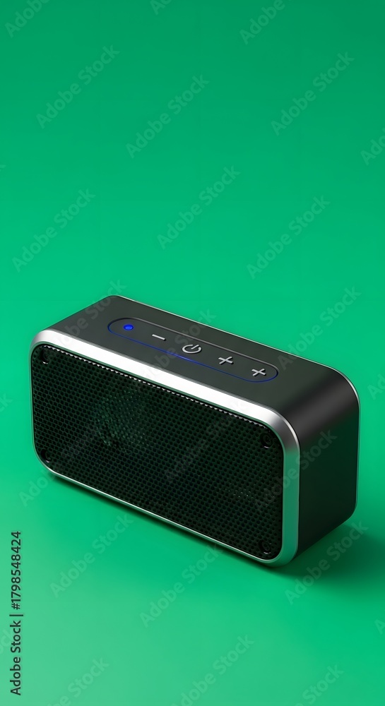 Obraz premium A compact portable Bluetooth speaker with control buttons on top, set against a vibrant green background, showcasing modern audio technology design