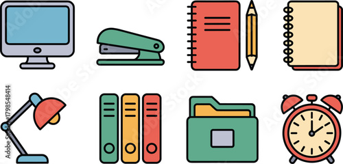 Flat Outline Vector Icon Set of Essential Office Supplies and Desktop Items: Computer Monitor, Stapler, Notebook, Binders, Desk Lamp, File Folder, and Alarm Clock, Representing Work and Education