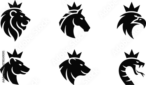 Monochrome Vector Icon Set Featuring Six Royal Animal Heads Crowned with a King's Diadem: Lion, Horse, Eagle, Bear, and Snake, Symbolizing Authority, Nobility, and Premium Corporate Identity.