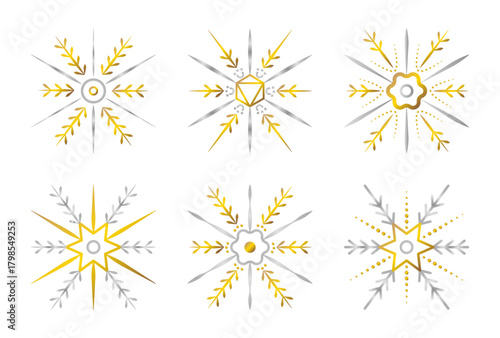 Festive gold and silver snowflake set, shiny gradient golden and chrome snow flake collection, winter glossy vector cliparts