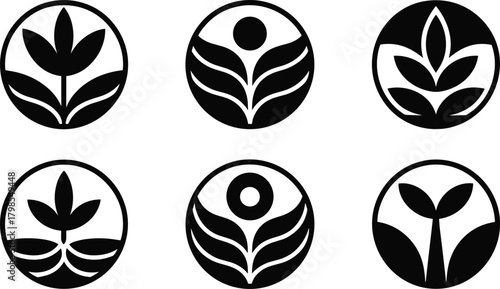 Monochrome Circular Vector Icon Set Featuring Six Abstract Floral and Plant Designs, Symbolizing Nature, Growth, Wellness, Ecology, and Organic Concepts in a Minimalist, Clean Style.