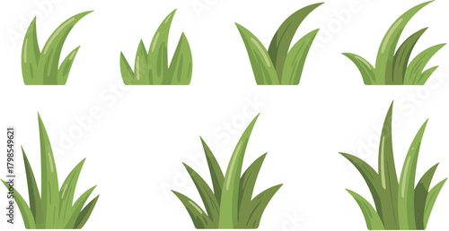 Cartoon Vector Grass Tuft Set, Wild Herbs, Green Blades, Natural Park or Garden Elements, and Game Assets