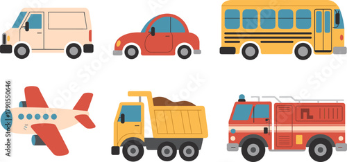 Cute Cartoon Transportation Vehicle Vector Set Featuring School Bus, Van, Car, Dump Truck, Airplane, and Fire Engine, Ideal for Kids' Education, Travel, and Infographics.