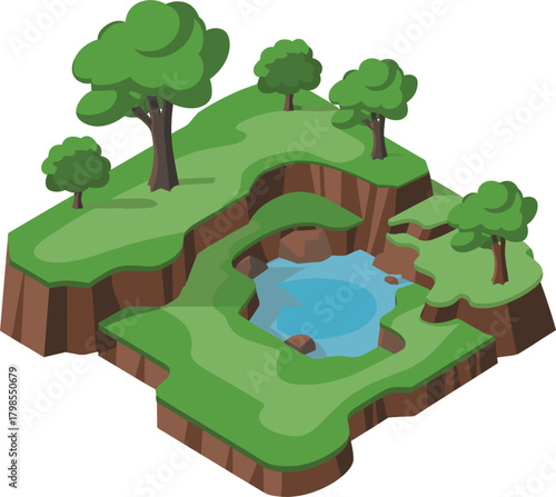 Isometric Vector Cross-Section of Forest Land, Trees, Pond, Underground Cave, and Geological Diagram Graphic