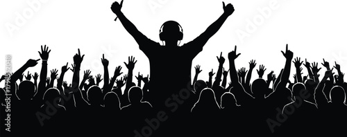 Concert silhouette, DJ performance, crowd energy, raised hands, music event, black white, live show, audience excitement, entertainment vibe, party scene