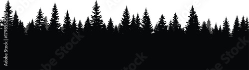 Forest silhouette, pine trees, coniferous woodland, nature background, black and white, minimal landscape, serene forest, layered trees, tranquil wilderness, artistic woods