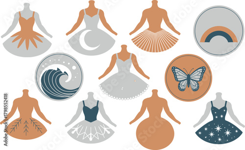 Assorted Fashion Garments and Emblematic Designs Ballet Dresses, Waves, Butterfly, Rainbow, Moon, and Star Illustrations