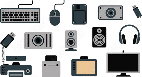 Assorted Electronics Keyboard, Mouse, Camera, Speakers, Headphones, Monitor, Projector and More Flat Icons