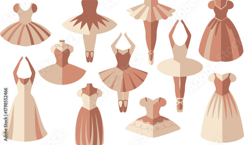 Assorted Flat Design Ballet Costumes, Ballerinas, Tutus and Dresses in Muted Pink and Beige Colors