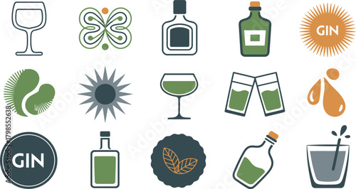 Assorted Gin and Beverage Icons Bottles, Glasses, Leaves, and Splashes in Blue, Green, and Orange Hues