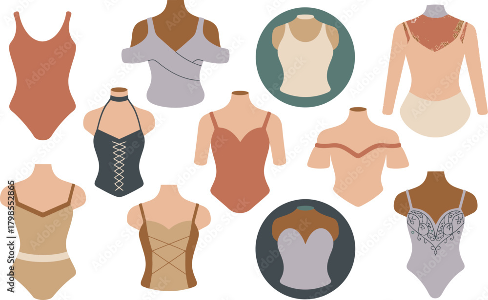 Fototapeta premium Assorted Leotards and Bodysuits on Mannequins Showcase Various Styles and Designs for Dancewear Apparel