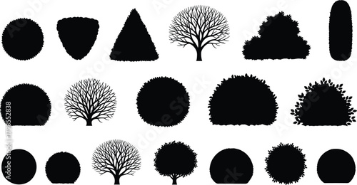 Tree bush silhouettes, foliage shapes, plant forms, black white, nature design, landscape reference, botanical texture, garden elements, tree variety, silhouette grid