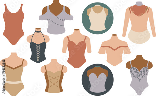Assorted Leotards and Bodysuits on Mannequins Showcase Various Styles and Designs for Dancewear Apparel
