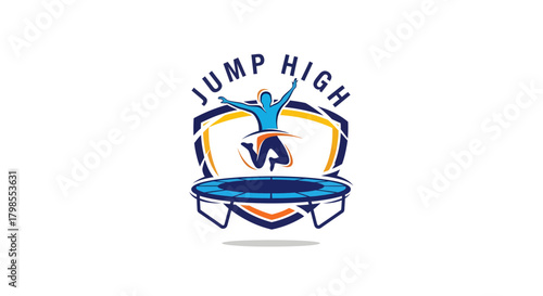 High-Flying Action, Trampoline Jumpers, Indoor Sports Facility, Logo Design, Dynamic Environment, Eye-Level View, Excitement Concept